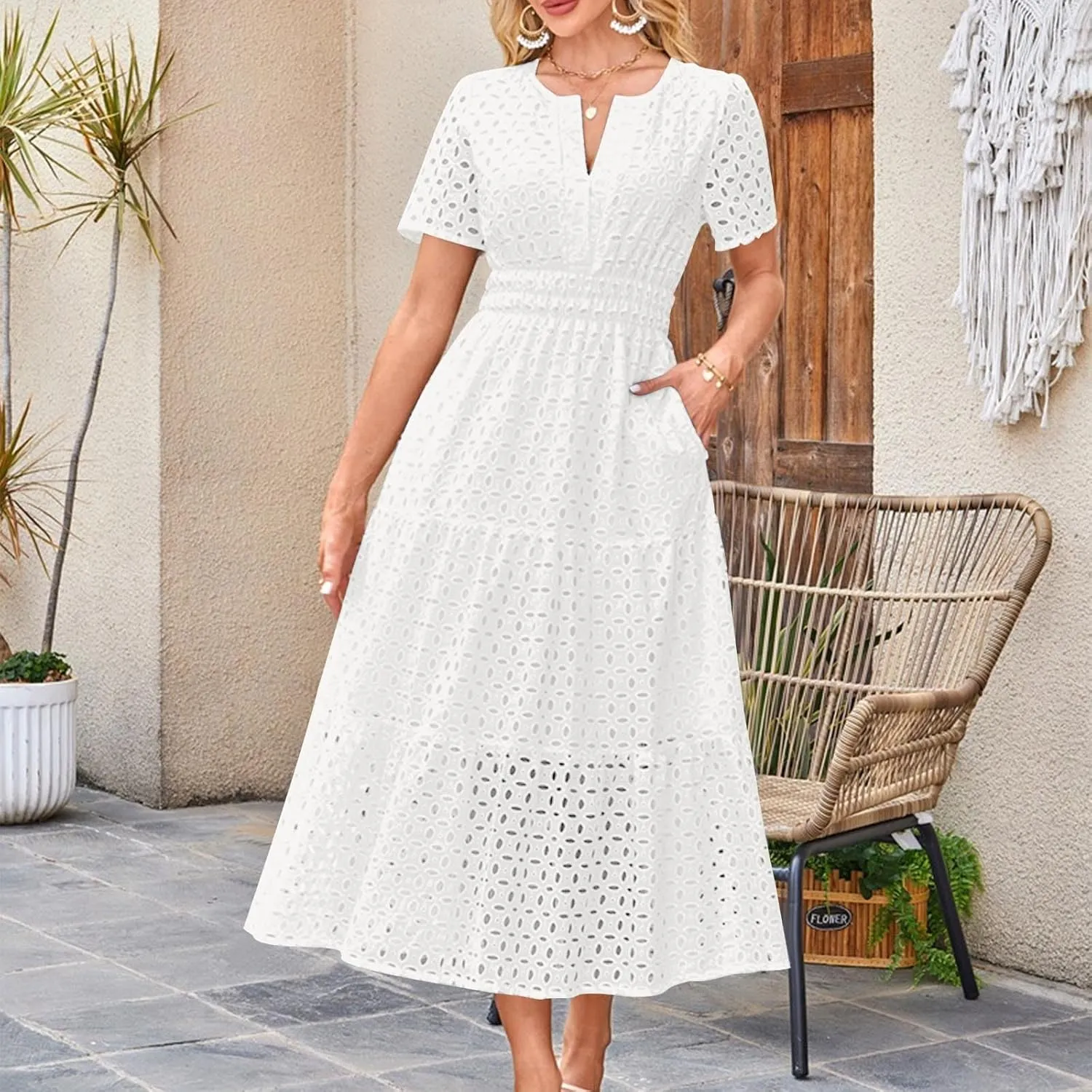 Womens Summer Midi Dresses Short Sleeve V Neck Hollow Out Eyelet Flowy Pleated Tiered A Line Swing Beach Vacation Dress