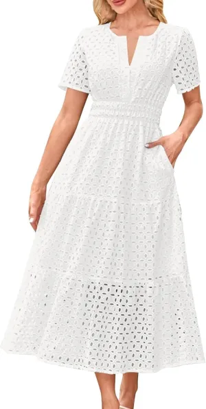 Womens Summer Midi Dresses Short Sleeve V Neck Hollow Out Eyelet Flowy Pleated Tiered A Line Swing Beach Vacation Dress