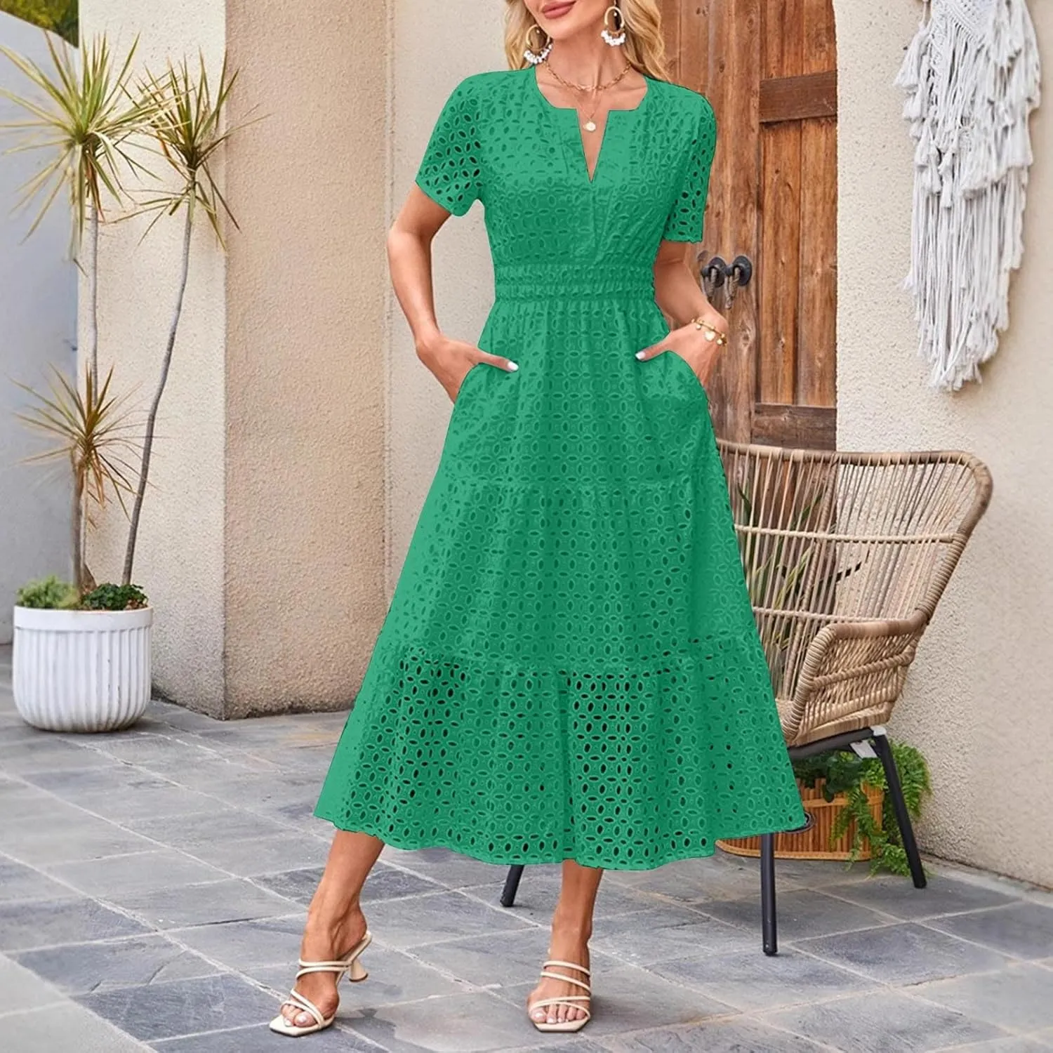 Womens Summer Midi Dresses Short Sleeve V Neck Hollow Out Eyelet Flowy Pleated Tiered A Line Swing Beach Vacation Dress