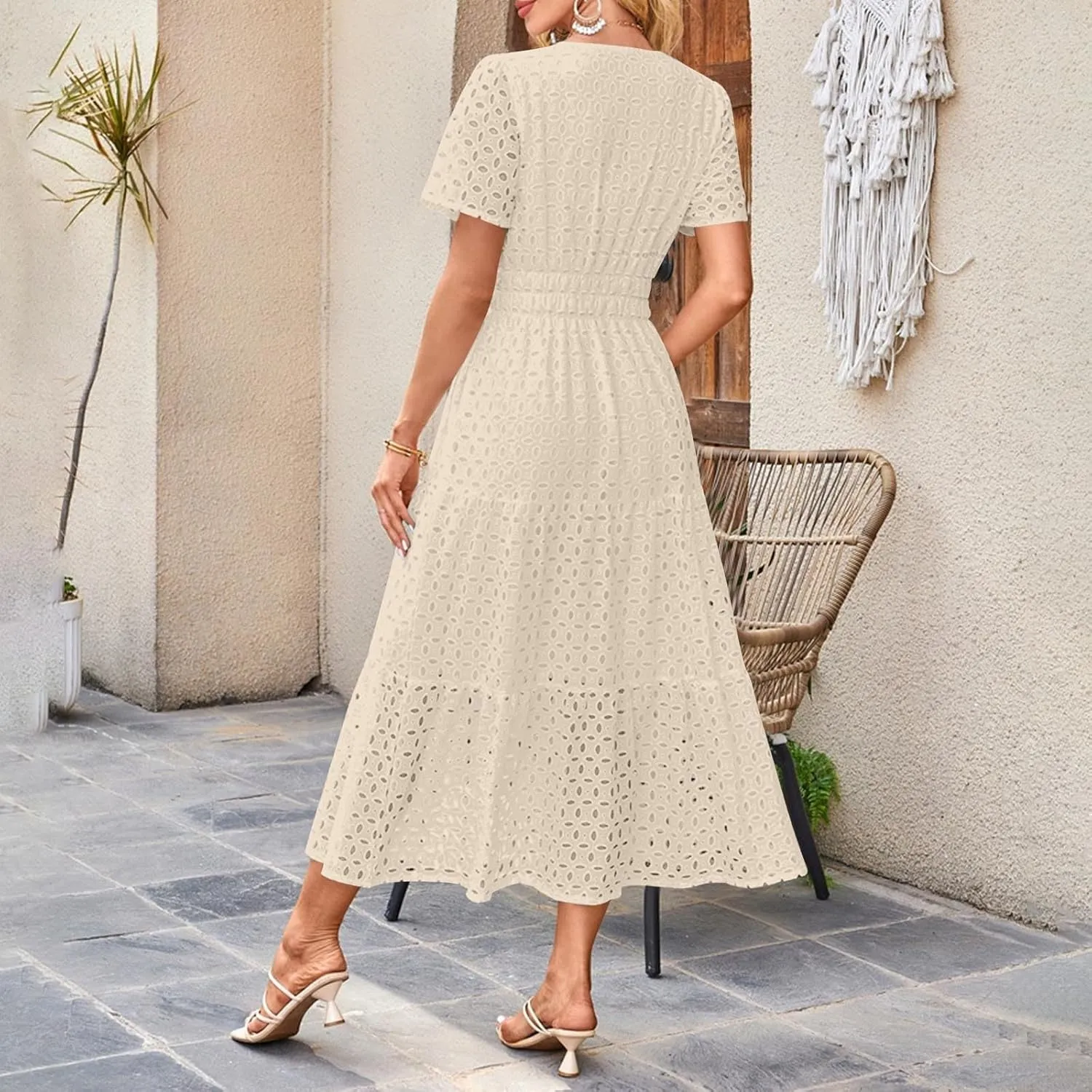 Womens Summer Midi Dresses Short Sleeve V Neck Hollow Out Eyelet Flowy Pleated Tiered A Line Swing Beach Vacation Dress