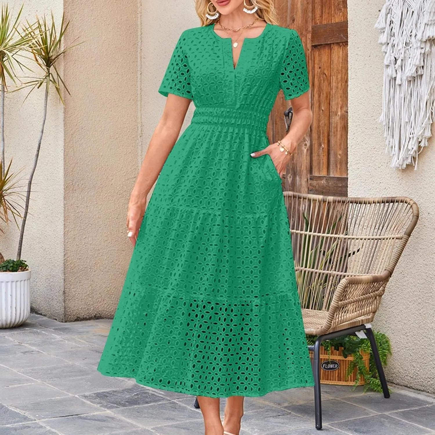 Womens Summer Midi Dresses Short Sleeve V Neck Hollow Out Eyelet Flowy Pleated Tiered A Line Swing Beach Vacation Dress