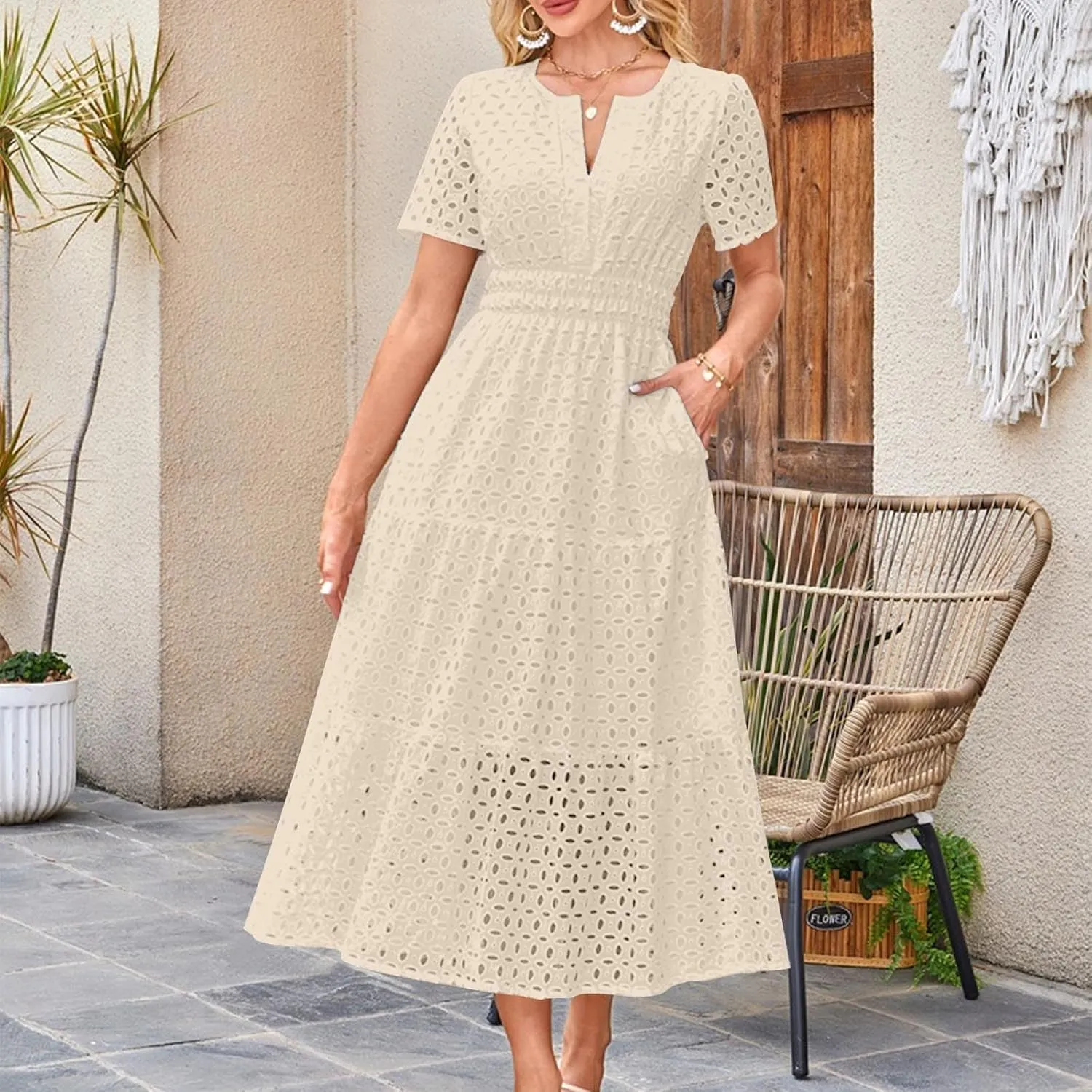 Womens Summer Midi Dresses Short Sleeve V Neck Hollow Out Eyelet Flowy Pleated Tiered A Line Swing Beach Vacation Dress