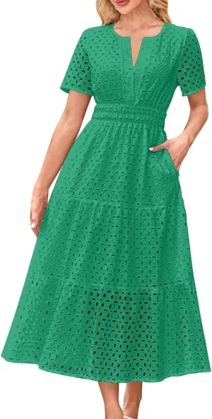 Womens Summer Midi Dresses Short Sleeve V Neck Hollow Out Eyelet Flowy Pleated Tiered A Line Swing Beach Vacation Dress