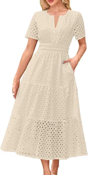 Womens Summer Midi Dresses Short Sleeve V Neck Hollow Out Eyelet Flowy Pleated Tiered A Line Swing Beach Vacation Dress