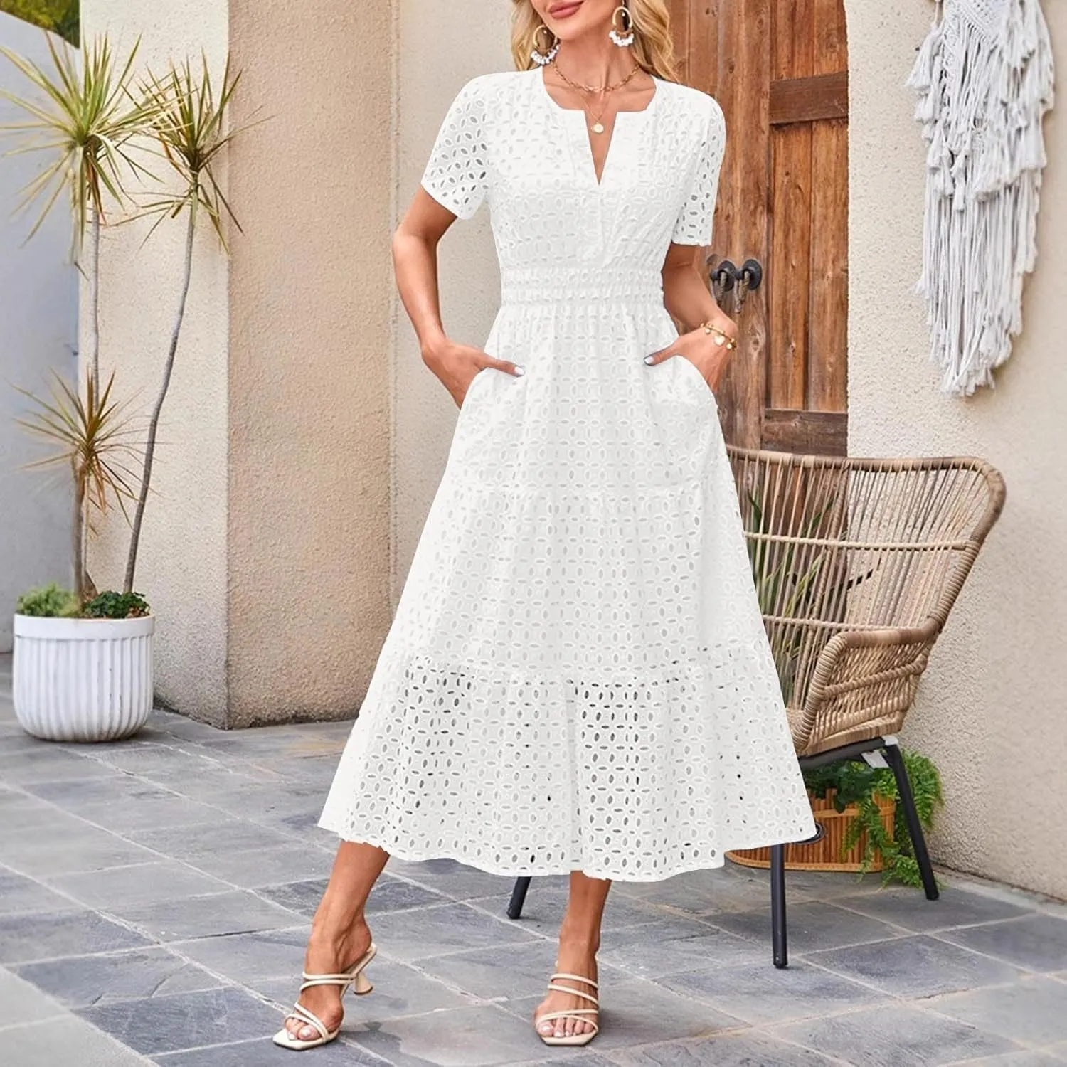 Womens Summer Midi Dresses Short Sleeve V Neck Hollow Out Eyelet Flowy Pleated Tiered A Line Swing Beach Vacation Dress