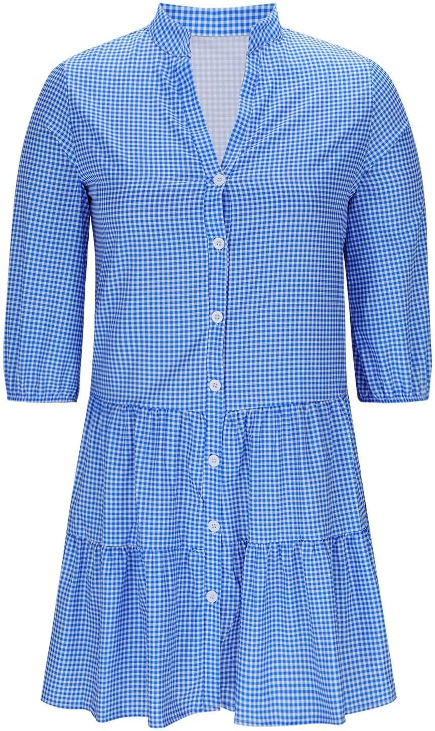 Women's Summer Plaid Midi Dresses Short Sleeve Button V Neck Casual Loose Fit Shirt Dress Beach Vacation Sundress