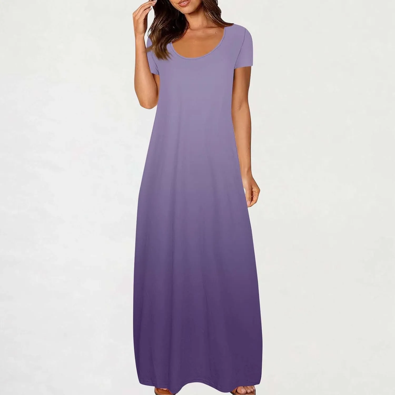Women's Summer Short Sleeve Dress Gradient Color Scoop Neck Casual Beach Maxi Dresses Loose Fit Tunic Sundresses