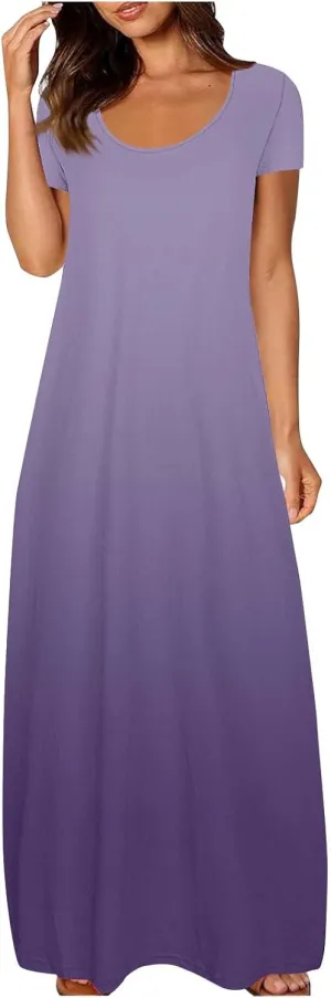 Women's Summer Short Sleeve Dress Gradient Color Scoop Neck Casual Beach Maxi Dresses Loose Fit Tunic Sundresses