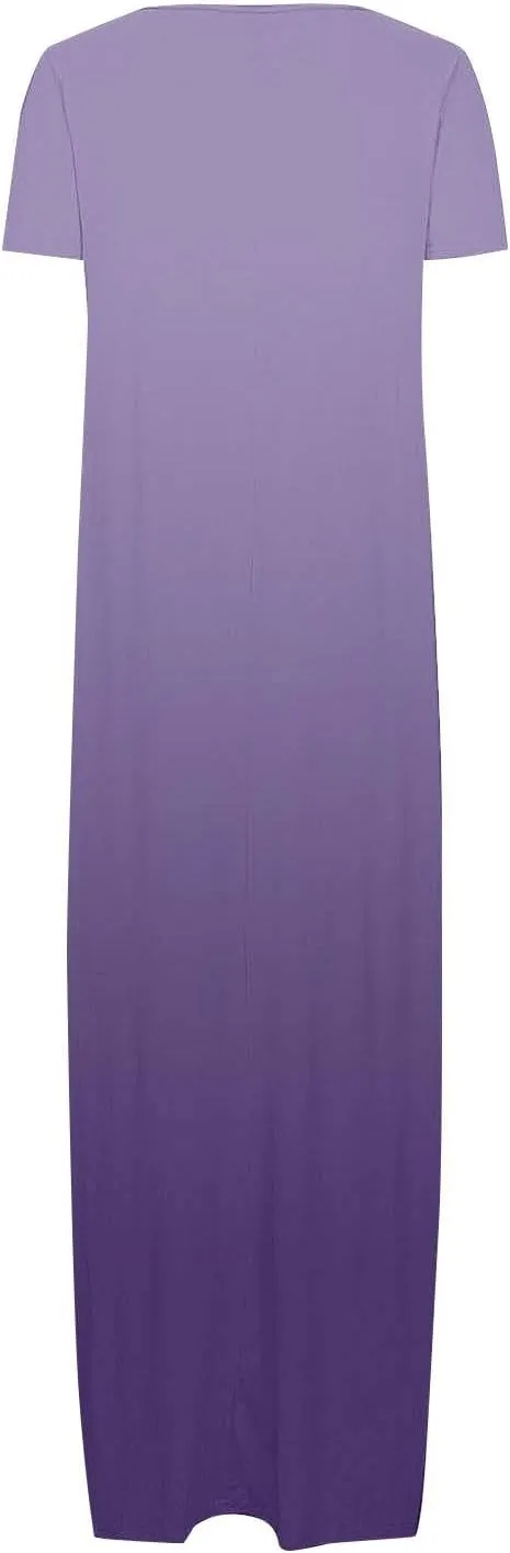 Women's Summer Short Sleeve Dress Gradient Color Scoop Neck Casual Beach Maxi Dresses Loose Fit Tunic Sundresses