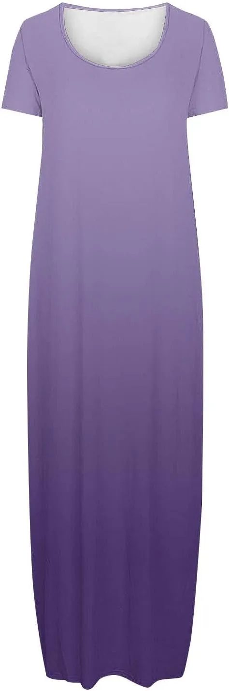 Women's Summer Short Sleeve Dress Gradient Color Scoop Neck Casual Beach Maxi Dresses Loose Fit Tunic Sundresses