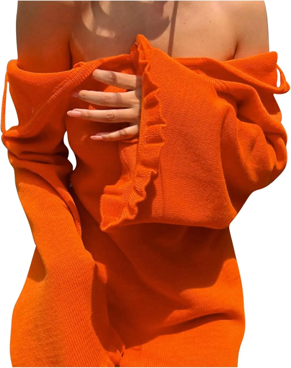 Women's Tie Backless Sweater Dress Round Neck Bell Long Sleeve Ribbed Knit Slim Basic Bodycon Ruffle Trim Mini Dresses
