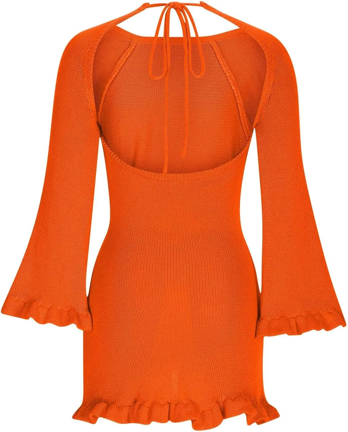 Women's Tie Backless Sweater Dress Round Neck Bell Long Sleeve Ribbed Knit Slim Basic Bodycon Ruffle Trim Mini Dresses