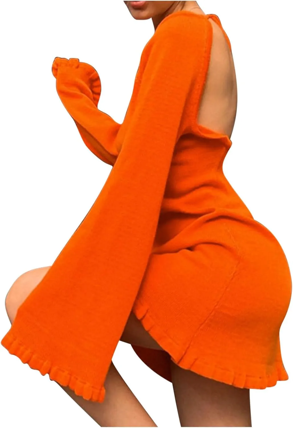 Women's Tie Backless Sweater Dress Round Neck Bell Long Sleeve Ribbed Knit Slim Basic Bodycon Ruffle Trim Mini Dresses