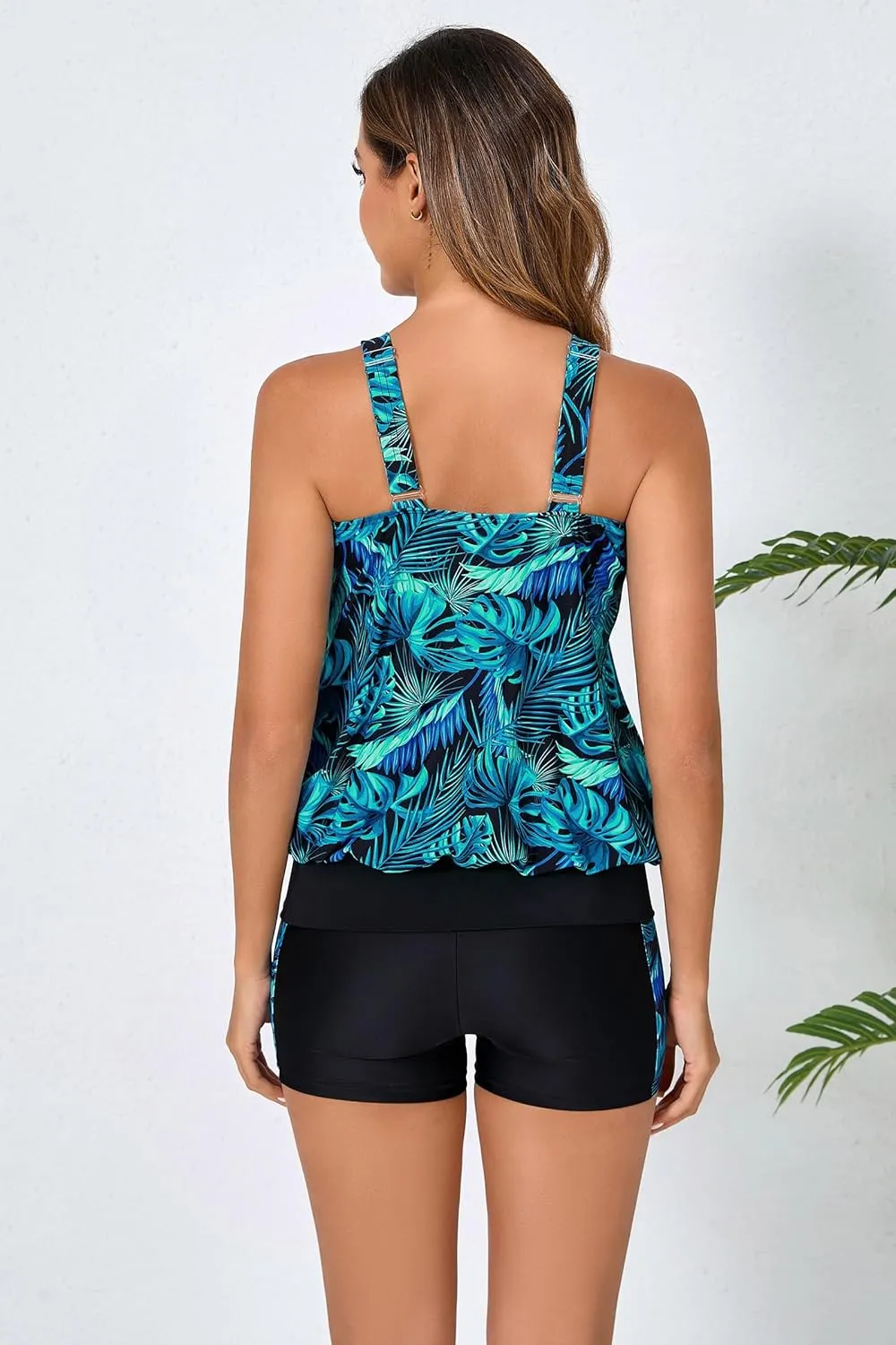 Women's Two Piece Swimsuits Tummy Control Blouson Tankini Top with Boyshorts Bathing Suit