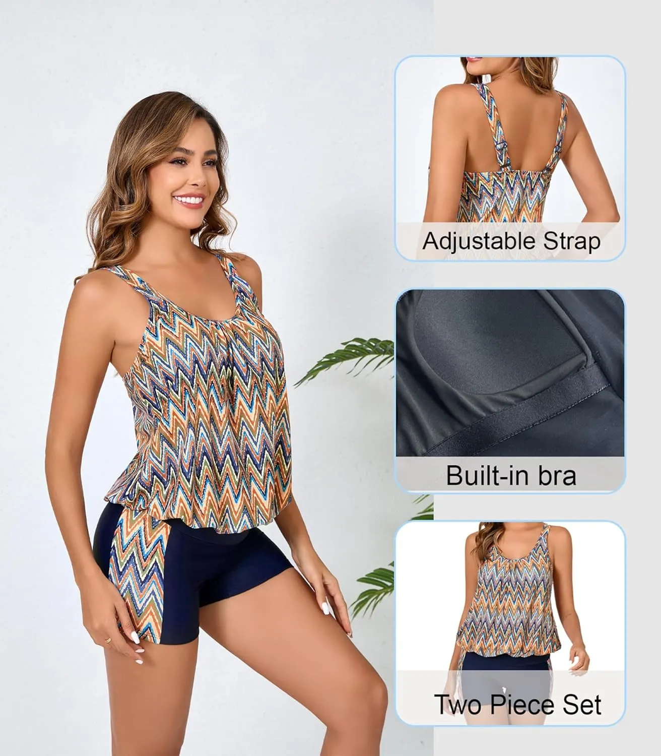Women's Two Piece Swimsuits Tummy Control Blouson Tankini Top with Boyshorts Bathing Suit