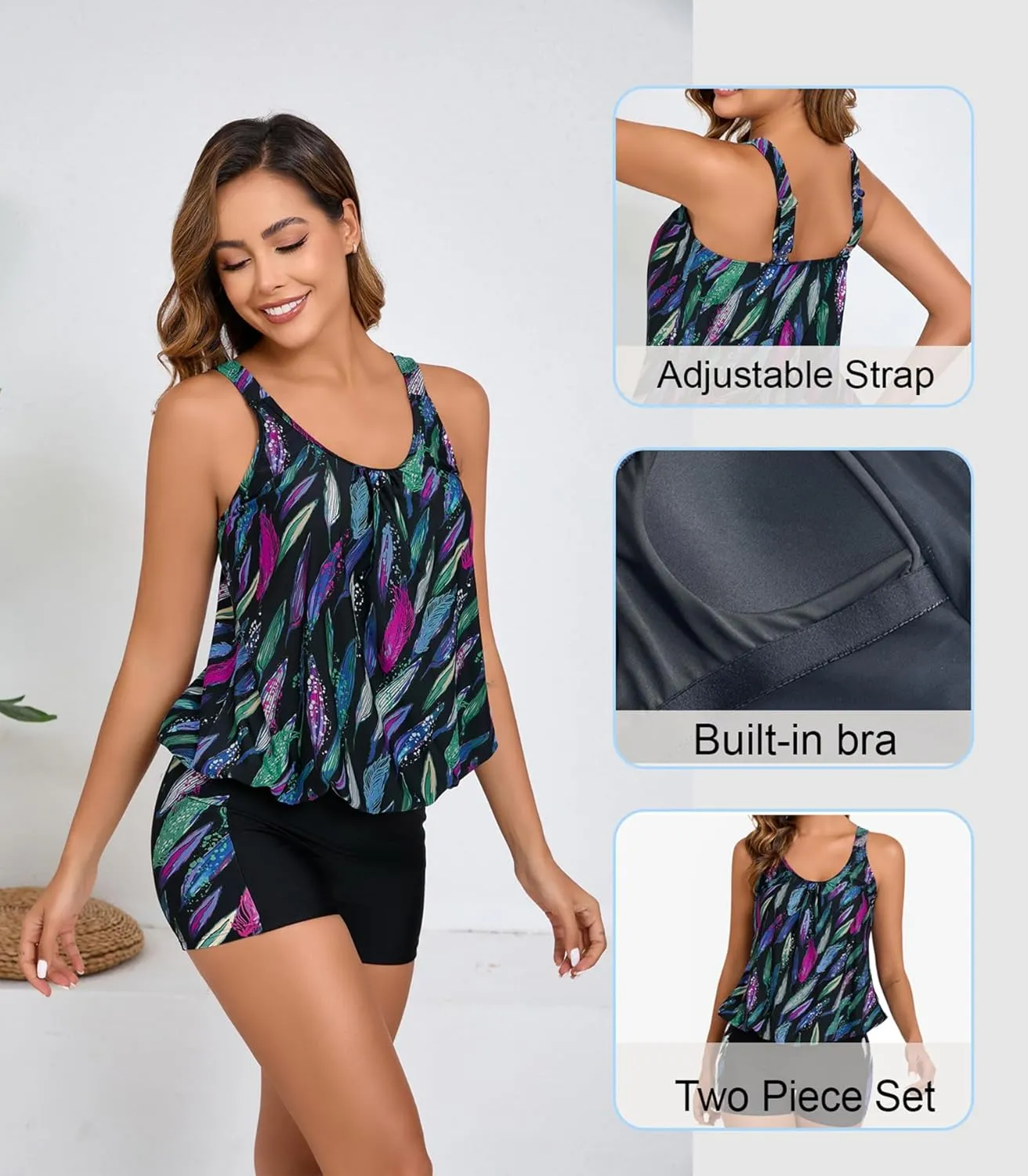 Women's Two Piece Swimsuits Tummy Control Blouson Tankini Top with Boyshorts Bathing Suit