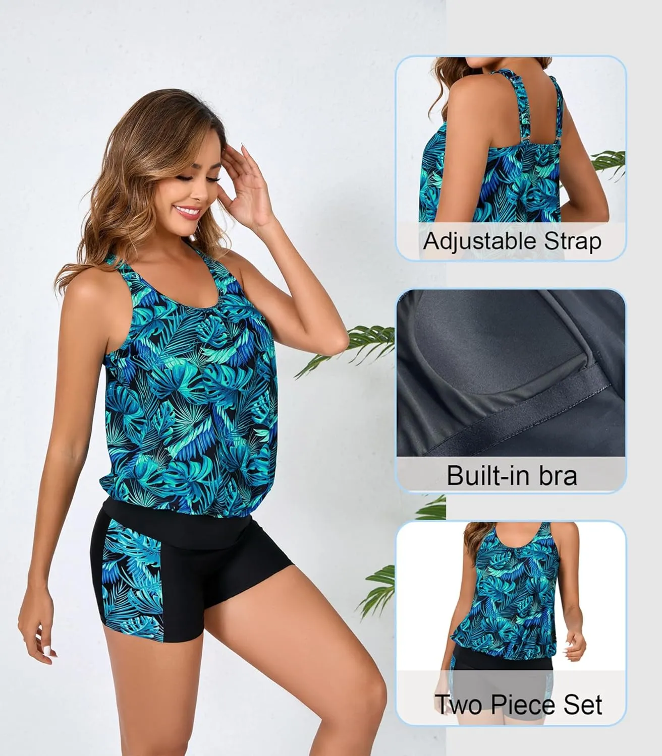 Women's Two Piece Swimsuits Tummy Control Blouson Tankini Top with Boyshorts Bathing Suit