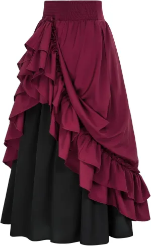 Women's Vintage Gothic Victorian Skirt with Multi-Layer Ruffles High Waist Medieval Renaissance Skirts Goth Maxi Skirts