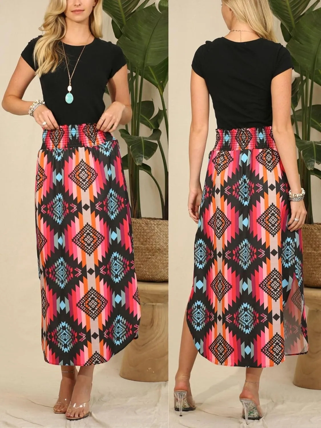 Womens Western Aztec Print Smock Waist Skirt Tribal Cowgirl Maxi Skirt Dress