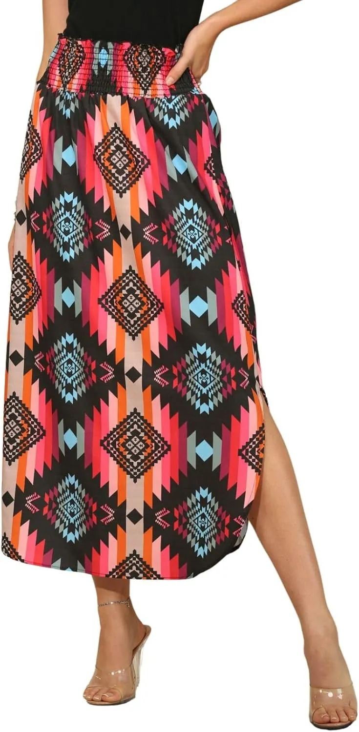 Womens Western Aztec Print Smock Waist Skirt Tribal Cowgirl Maxi Skirt Dress