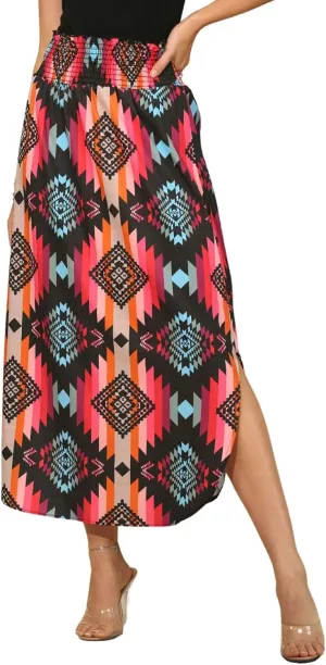 Womens Western Aztec Print Smock Waist Skirt Tribal Cowgirl Maxi Skirt Dress
