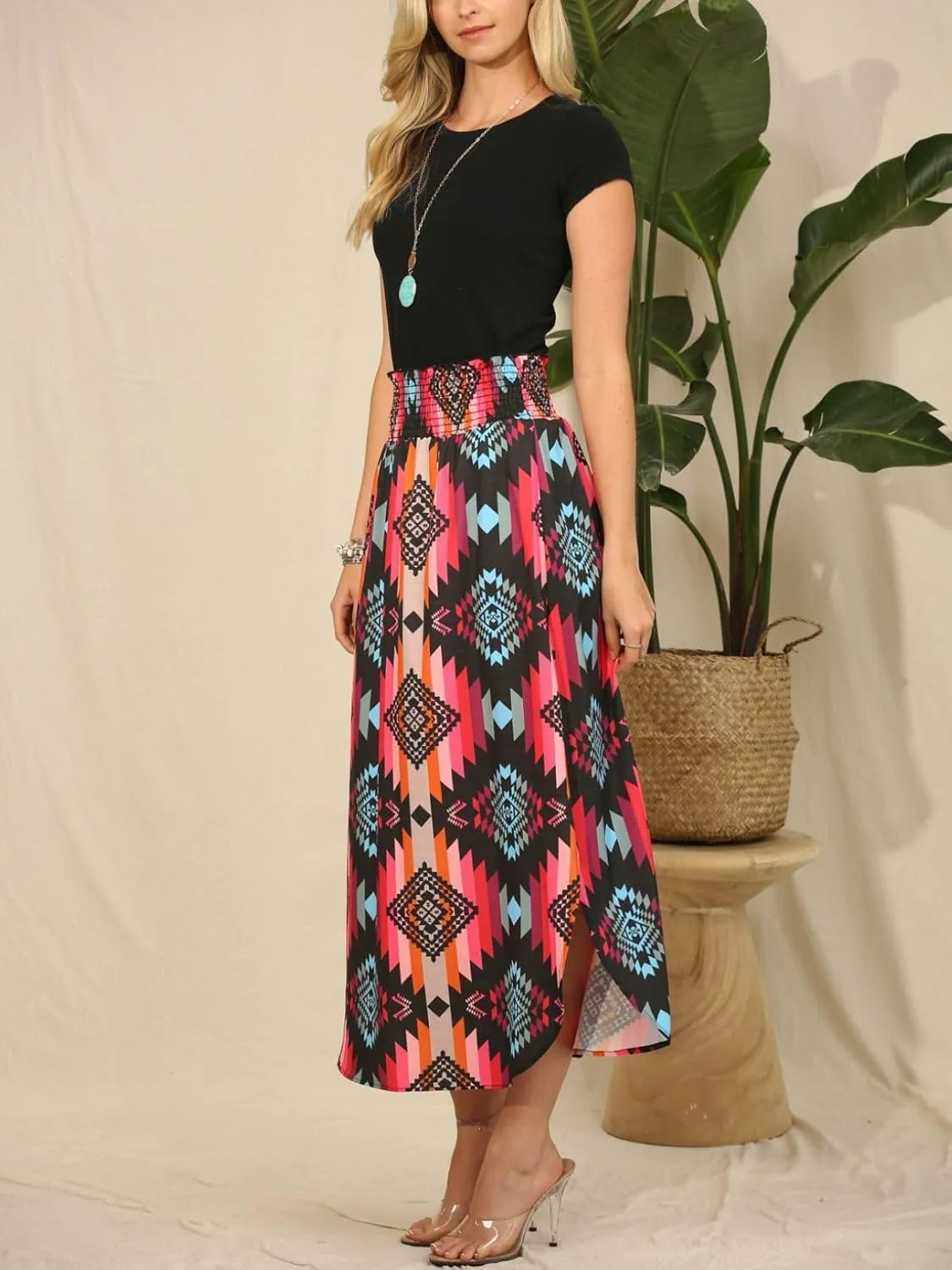 Womens Western Aztec Print Smock Waist Skirt Tribal Cowgirl Maxi Skirt Dress