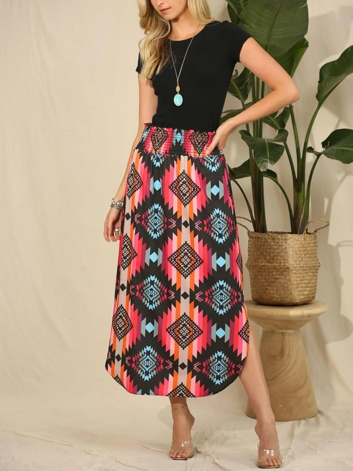 Womens Western Aztec Print Smock Waist Skirt Tribal Cowgirl Maxi Skirt Dress