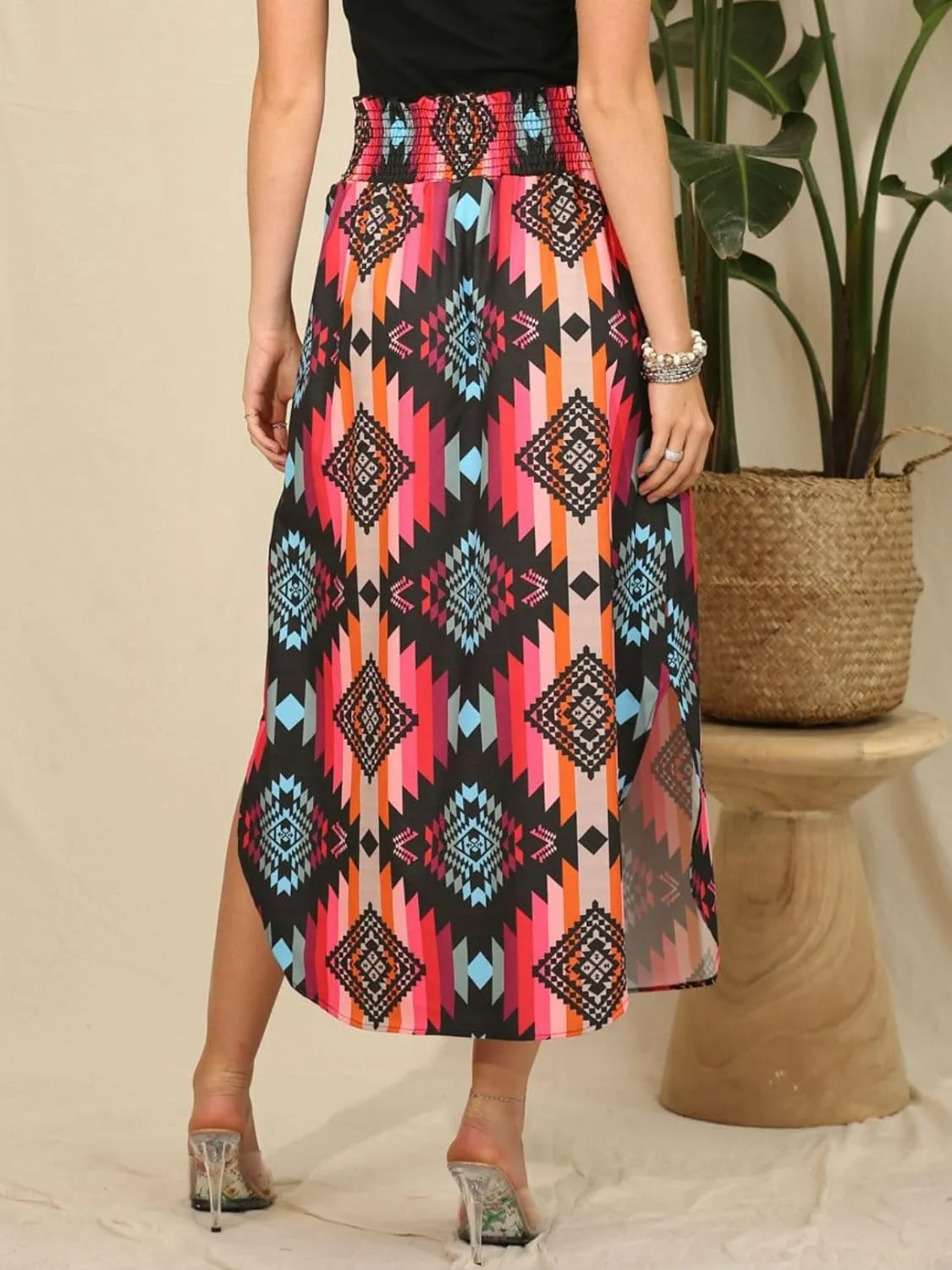Womens Western Aztec Print Smock Waist Skirt Tribal Cowgirl Maxi Skirt Dress