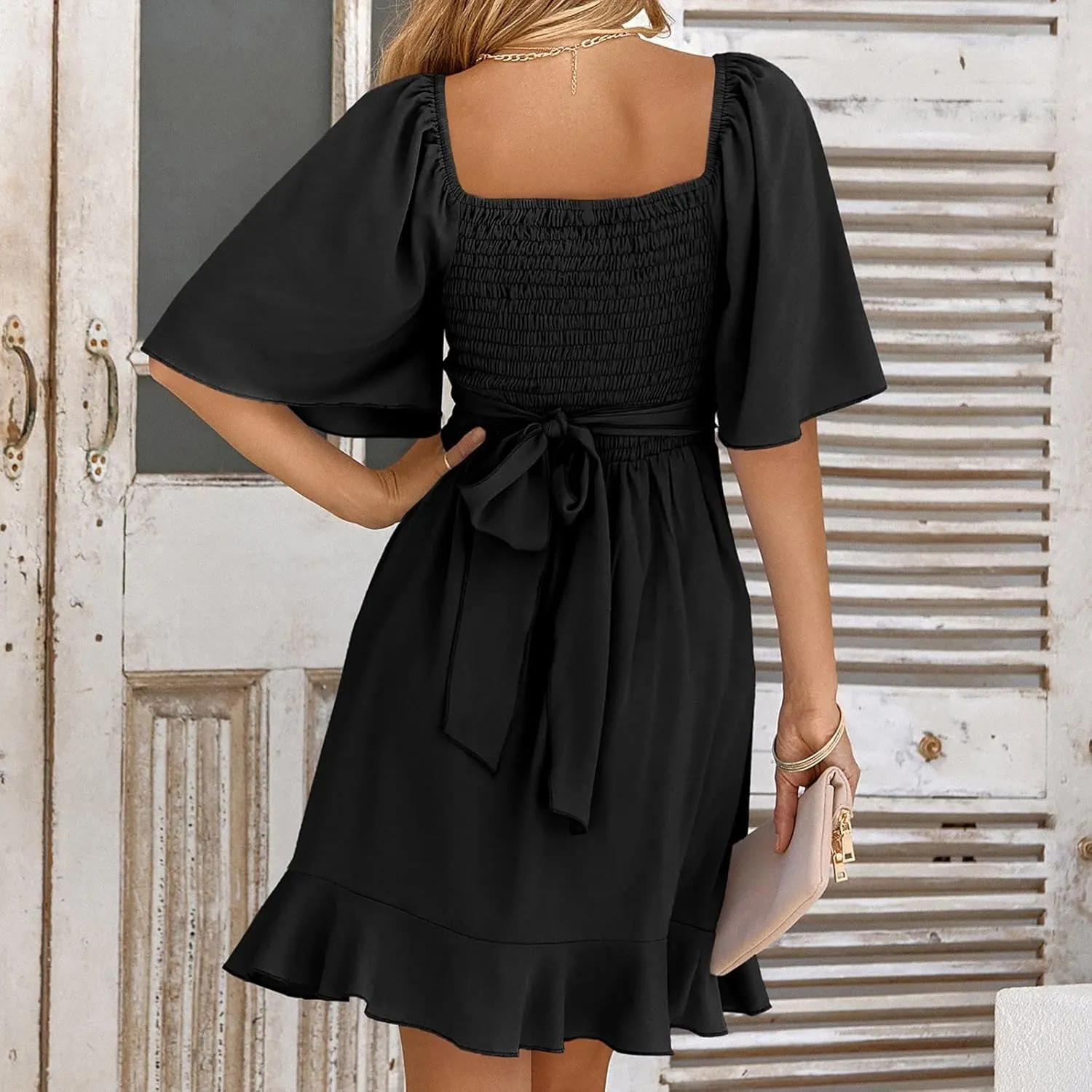 Women's Wrap V Neck Short Flared Sleeve Wedding Guest Dress Smocked Elastic Waist Tiered Belted Ruffle Hem Mini Dress 2025