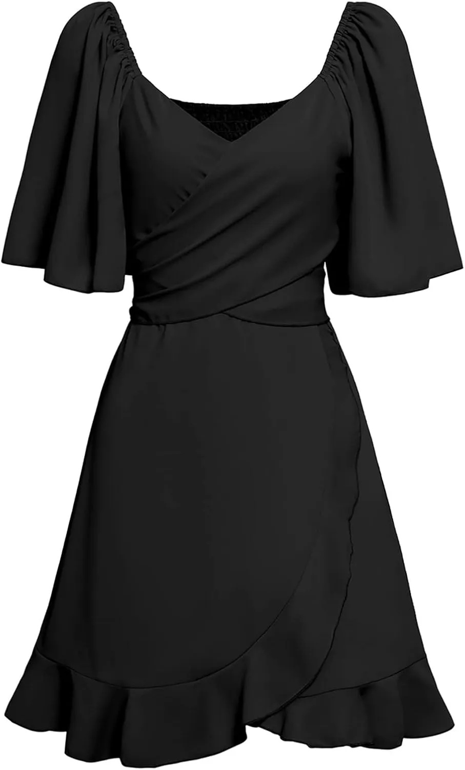 Women's Wrap V Neck Short Flared Sleeve Wedding Guest Dress Smocked Elastic Waist Tiered Belted Ruffle Hem Mini Dress 2025