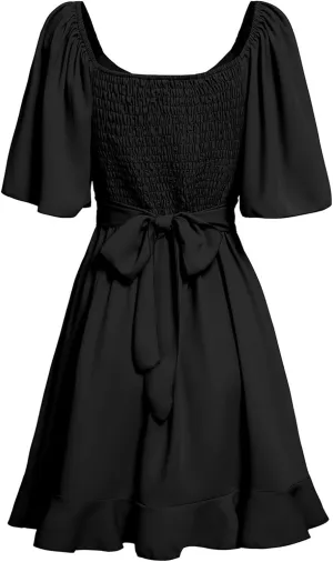 Women's Wrap V Neck Short Flared Sleeve Wedding Guest Dress Smocked Elastic Waist Tiered Belted Ruffle Hem Mini Dress 2025