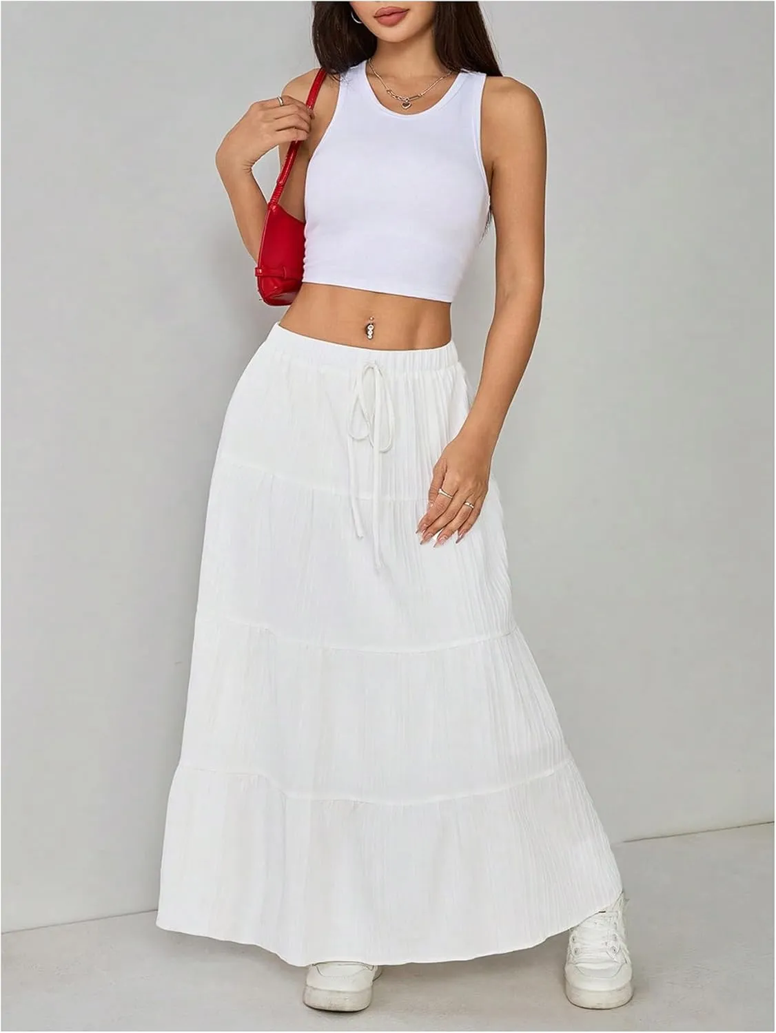 Women's Y2K Flowy Maxi Skirts Boho Ruffle High Waisted Bow Tie Front Summer Vacation A Line Long Skirts