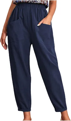 XUNRYAN Women's Capris Cotton Linen Pants Summer Casual Workout Comfy Lounge Pegged Palazzo Pants Trousers with Pockets