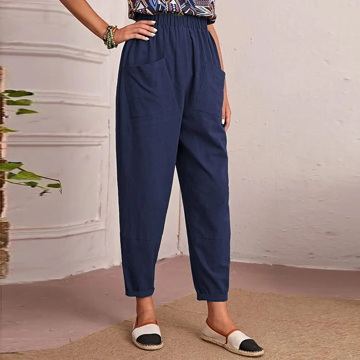 XUNRYAN Women's Capris Cotton Linen Pants Summer Casual Workout Comfy Lounge Pegged Palazzo Pants Trousers with Pockets