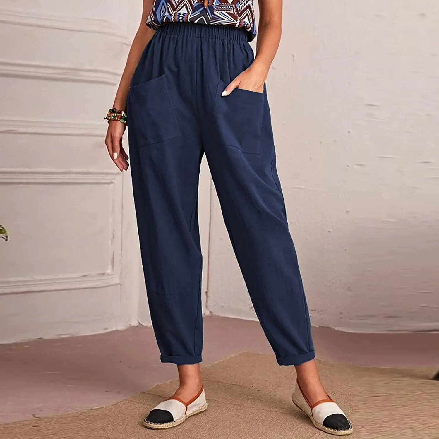 XUNRYAN Women's Capris Cotton Linen Pants Summer Casual Workout Comfy Lounge Pegged Palazzo Pants Trousers with Pockets