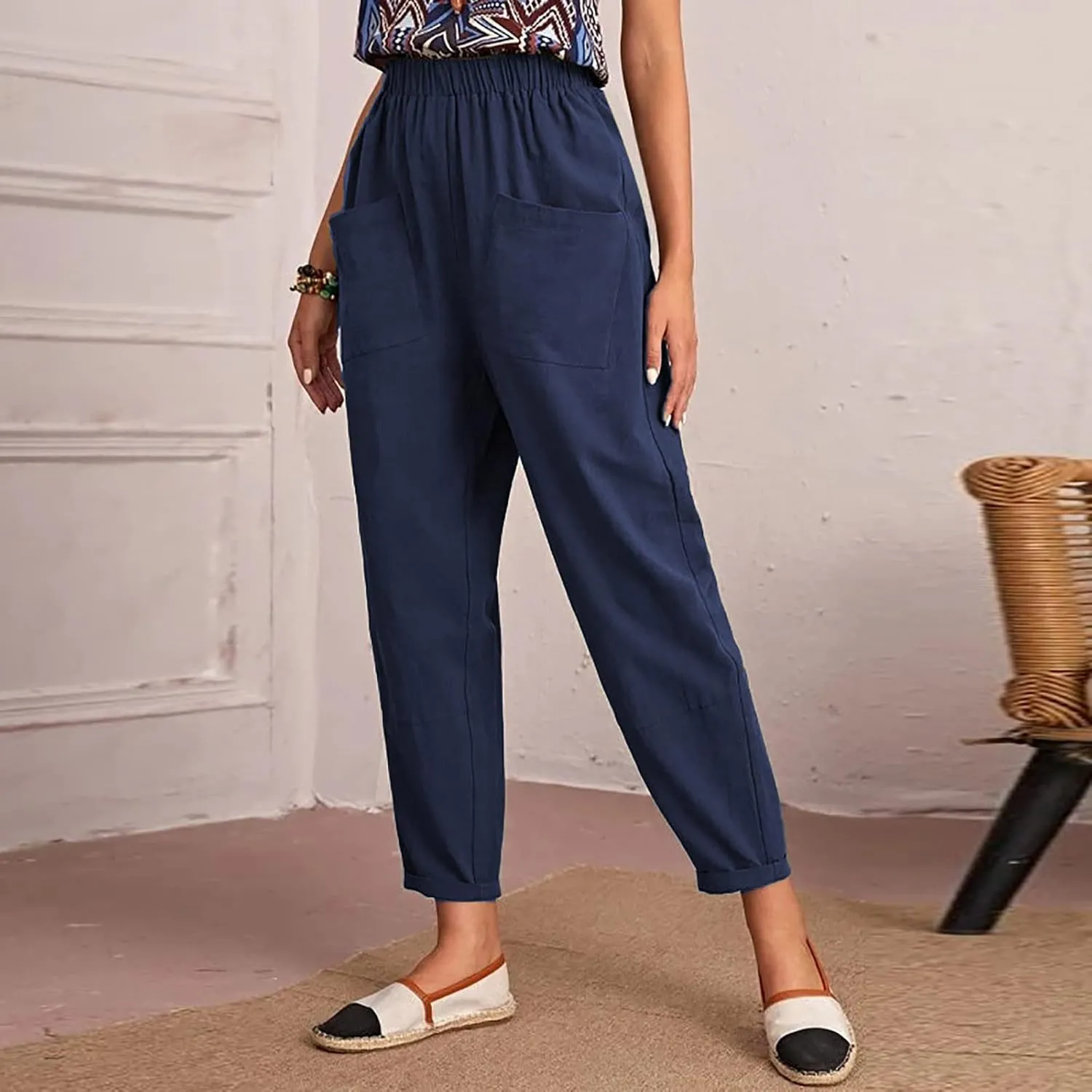 XUNRYAN Women's Capris Cotton Linen Pants Summer Casual Workout Comfy Lounge Pegged Palazzo Pants Trousers with Pockets