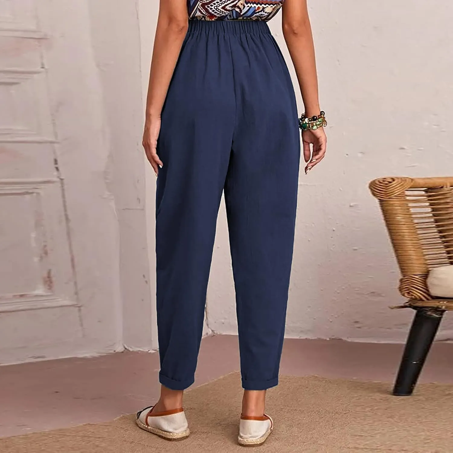 XUNRYAN Women's Capris Cotton Linen Pants Summer Casual Workout Comfy Lounge Pegged Palazzo Pants Trousers with Pockets