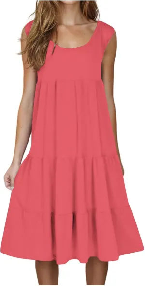 XUNRYAN Womens Tank Dresses Casual Sleeveless Tunic Summer Midi Dress Calf Length Tiered Ruffle Beach Coverup Vacation Outfit