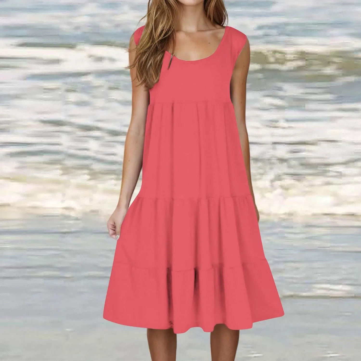XUNRYAN Womens Tank Dresses Casual Sleeveless Tunic Summer Midi Dress Calf Length Tiered Ruffle Beach Coverup Vacation Outfit
