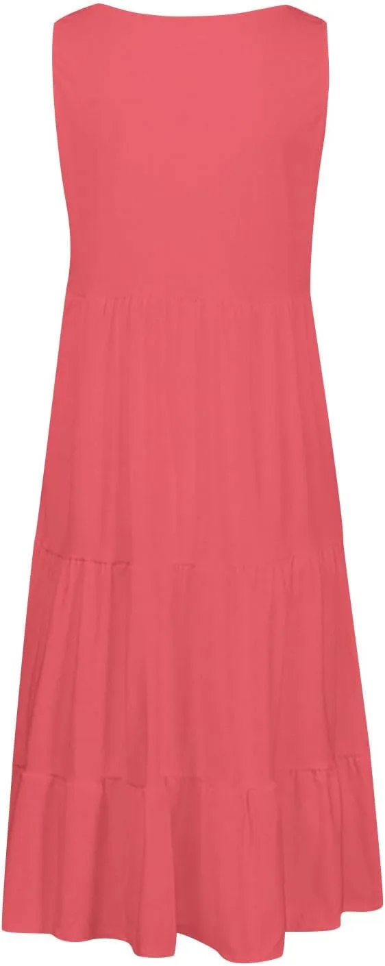 XUNRYAN Womens Tank Dresses Casual Sleeveless Tunic Summer Midi Dress Calf Length Tiered Ruffle Beach Coverup Vacation Outfit