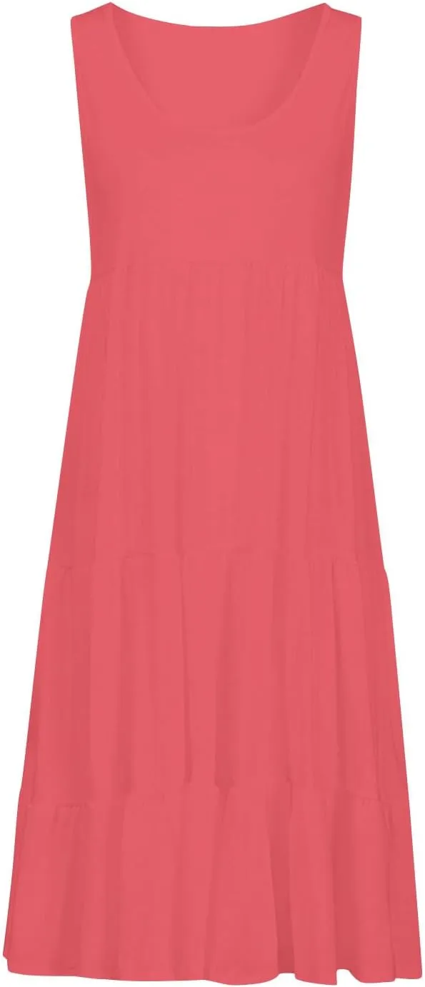 XUNRYAN Womens Tank Dresses Casual Sleeveless Tunic Summer Midi Dress Calf Length Tiered Ruffle Beach Coverup Vacation Outfit