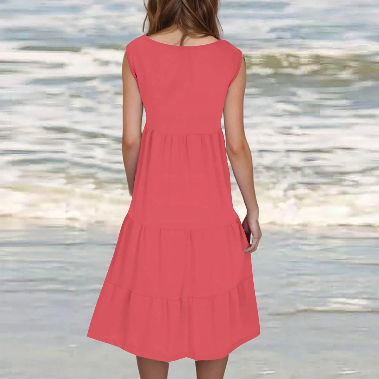 XUNRYAN Womens Tank Dresses Casual Sleeveless Tunic Summer Midi Dress Calf Length Tiered Ruffle Beach Coverup Vacation Outfit