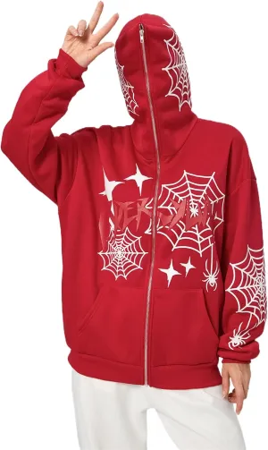 Y2k Full Zip Up Hoodies for Women Men Oversized Skeleton Graphic Over Face Sweatshirt Goth Punk Hip Hop Jacket Coat