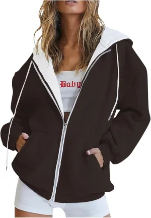 Yesunpxs Womens Zip Up Hoodies Trendy Oversized Casual Long Sleeve Drawstring Hooded Sweatshirts Y2k Drawstring Jacket Coats