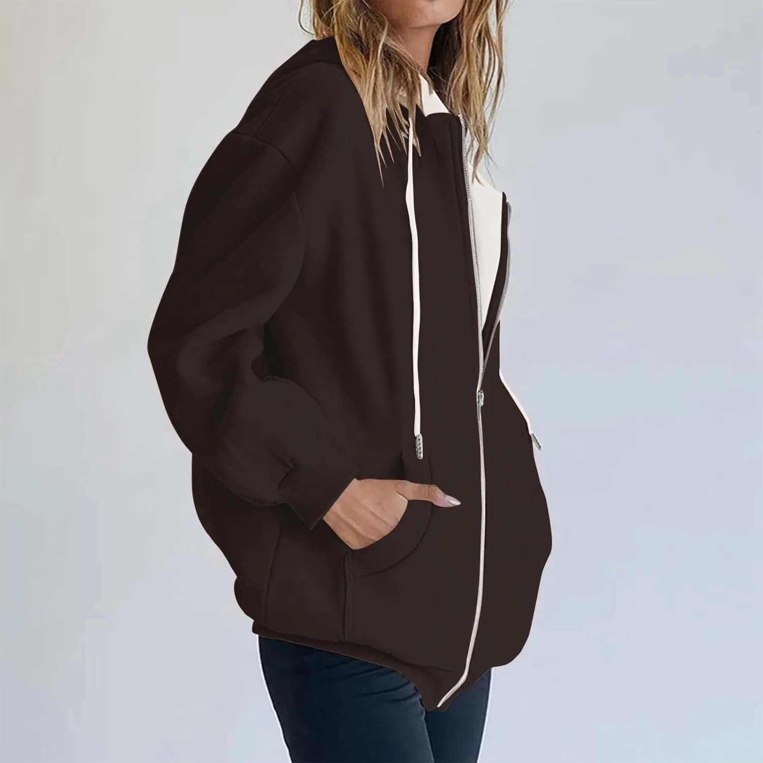 Yesunpxs Womens Zip Up Hoodies Trendy Oversized Casual Long Sleeve Drawstring Hooded Sweatshirts Y2k Drawstring Jacket Coats