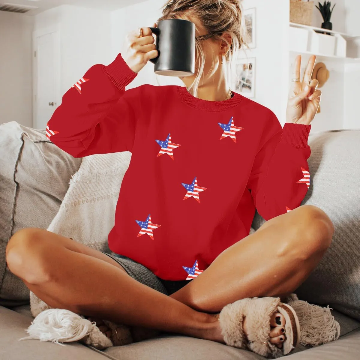 YI XIANG RAN USA Sweatshirt Women: American Shirt 1776 Patriotic TShirt Stars Stripes Glitter Pullover 4th of July Tee Tops
