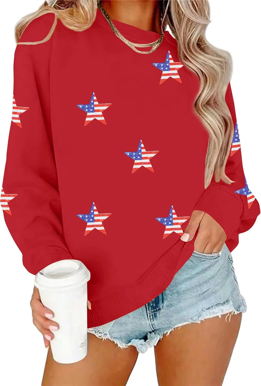 YI XIANG RAN USA Sweatshirt Women: American Shirt 1776 Patriotic TShirt Stars Stripes Glitter Pullover 4th of July Tee Tops