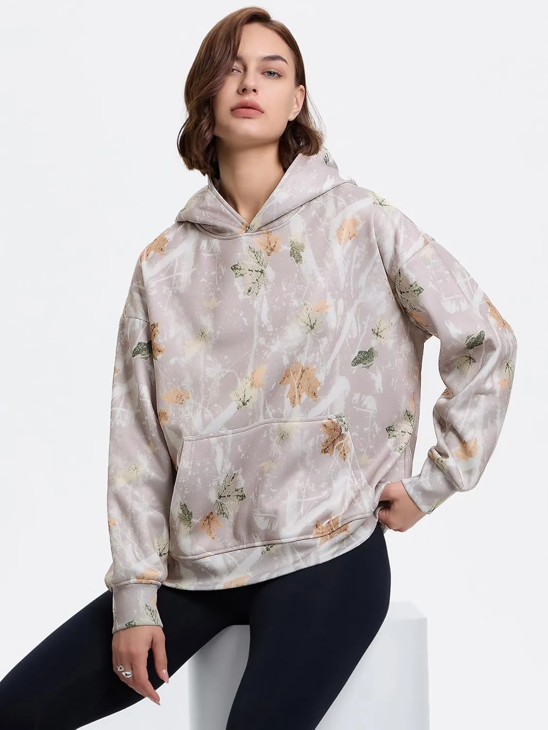 YKR Womens Camo Hoodie Oversized Maple Leaf Print Fleece Hooded Pullover Sweatshirt with Pocket