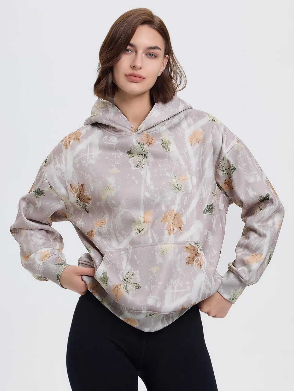 YKR Womens Camo Hoodie Oversized Maple Leaf Print Fleece Hooded Pullover Sweatshirt with Pocket