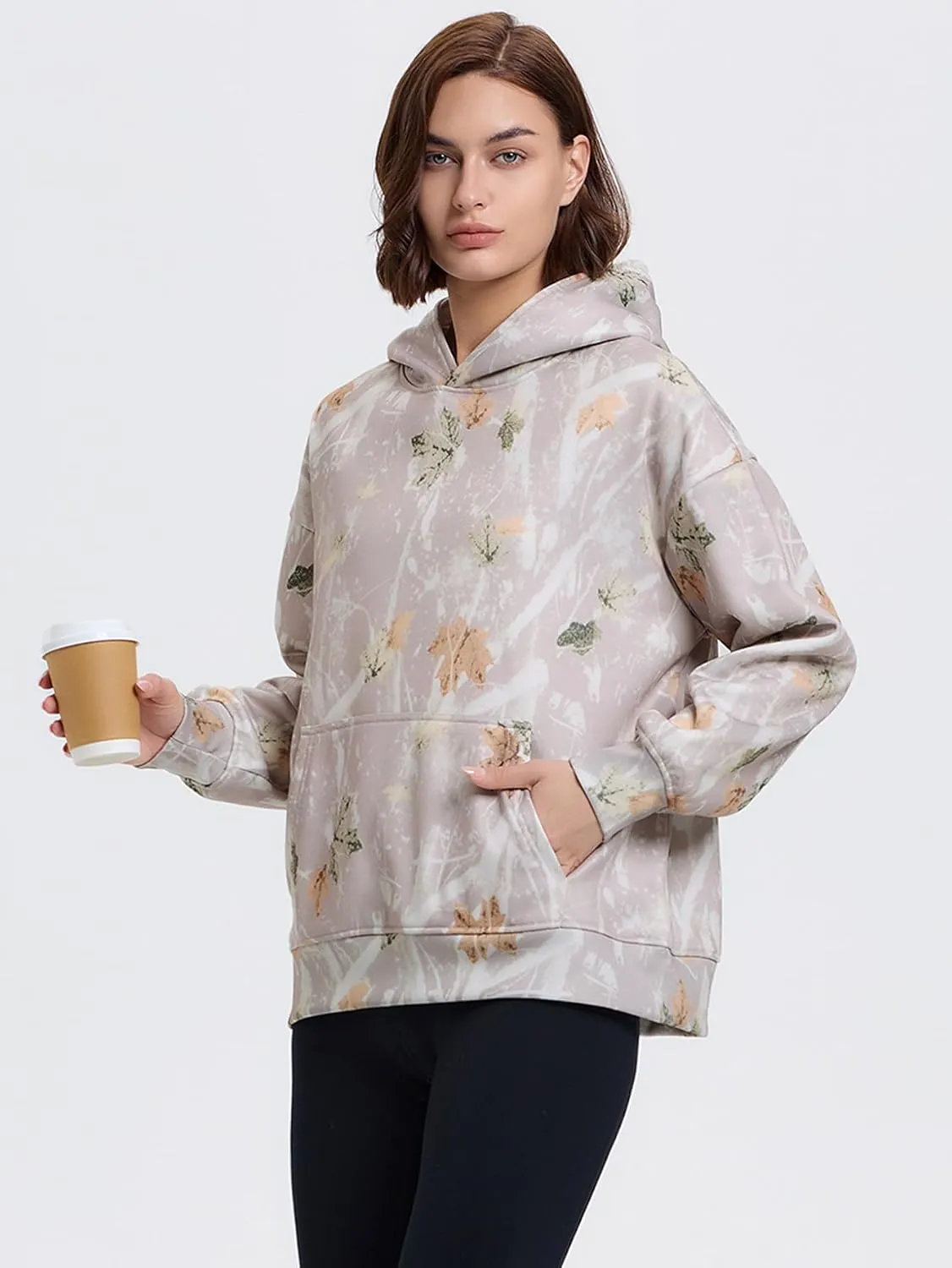 YKR Womens Camo Hoodie Oversized Maple Leaf Print Fleece Hooded Pullover Sweatshirt with Pocket